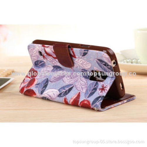 PU Leather Cases for iPhone 5S/5G, Floral Pattern with Card Slots and Hanging Rope